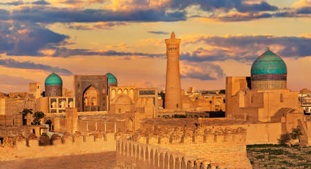 Poi Kalon Mosque and Minaret at the sunset, in Bukhara, Uzbekistan.のeditorial素材