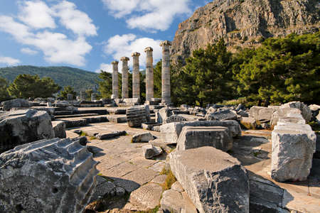 Remains of the ancient city of Priene with the columns of Temple of Athena, Turkeyのeditorial素材