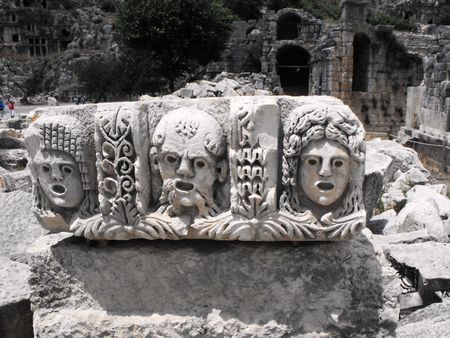 Three stone heads in the form of masks enchase Myra amphitheater .の写真素材