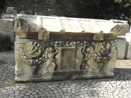 Richly ornate sarcophagus in the region of ancient Aphrodisias.の写真素材