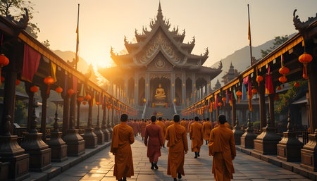 monks walk in the buddhist temple in the morning.の素材