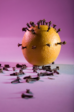 Cloves pinned on an orangeの写真素材