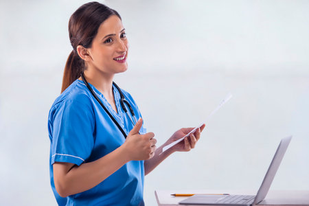 Portrait of female nurse with some medical reportの写真素材