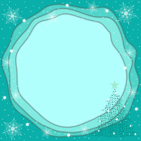 Tosca Green Circle Background Frame With Sparkling Snowflakes And Christmas Tree In Winter Seasonのイラスト素材