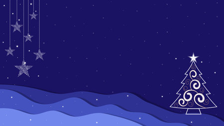 Blue Background Decorated With Christmas Tree Ornaments And Sparkling Snowflakesのイラスト素材