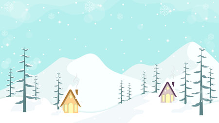 Winter Scene Of Cabin And Pine Forest With Mountains And Falling Snowflakes In The Background Of Clear Blue Skyのイラスト素材