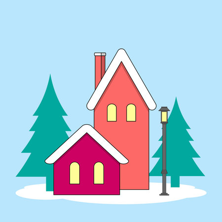 Simple Colorful Snowy Home And Christmas Season Landscapeのイラスト素材