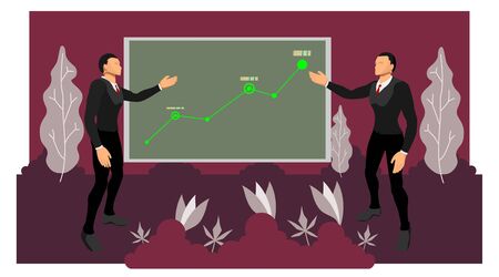 two business figures are presenting corporate earnings using infographic charts on the board. vector file with natural shades of plants. eps10 fileのイラスト素材