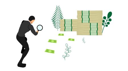 illustration of a businessman carrying a loop lens. identify traces of money.のイラスト素材
