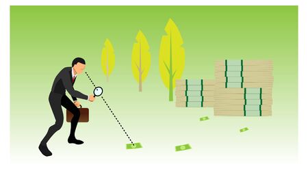illustration of a businessman carrying bags and loops. identify traces of money.のイラスト素材