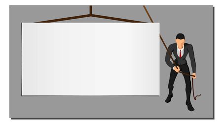 illustration of an entrepreneur pulling a string on a blank template screen.のイラスト素材