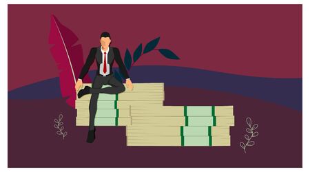 a businessman sitting on a giant pile of money with a pose of a rich man with a background in landscape. with separate layers of each vector object.のイラスト素材