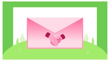 the symbol of two hands shaking hands in a closed email. illustration of an agreement between the two parties with a document mark. privacy and confidential document e-mail symbol. symbolic treaty background. vectorのイラスト素材