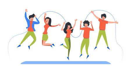 Motivational concept for landing page. Template for website or web page with stylish modern vector illustration. Group of young joyful jumping and dancing people with raised hands.のイラスト素材