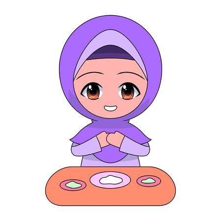 Cartoon Muslim girl eating. Daily fun activities. Funny character vector illustration for kidsのイラスト素材