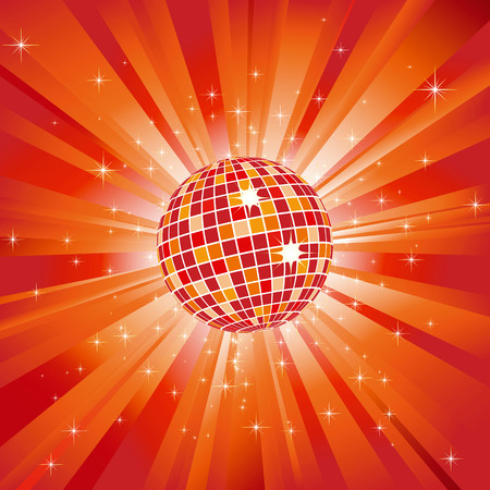 Sparkling disco ball on orange light burst and glitter starsのイラスト素材