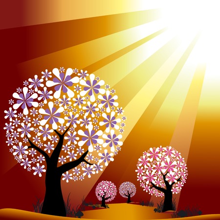 Abstract trees on golden burst light backgroundのイラスト素材