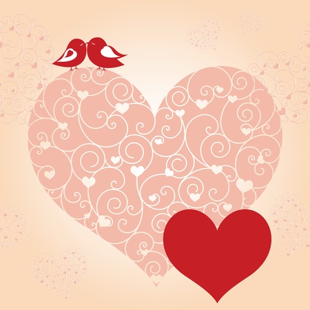 Abstract red valentine birds pink heart greeting cardのイラスト素材
