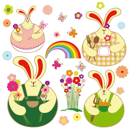 Set of colorful rabbit with springtime floral, butterfly and rainbowのイラスト素材