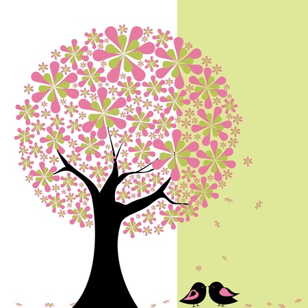Abstract springtime flower tree with lovebird on green white backgroundのイラスト素材