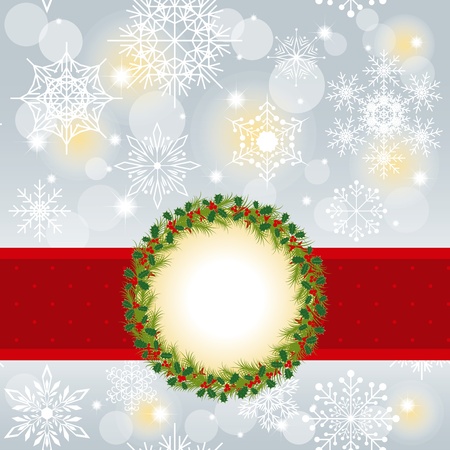Christmas greeting card with Christmas wreath red ribbon on seamless pattern backgroundのイラスト素材