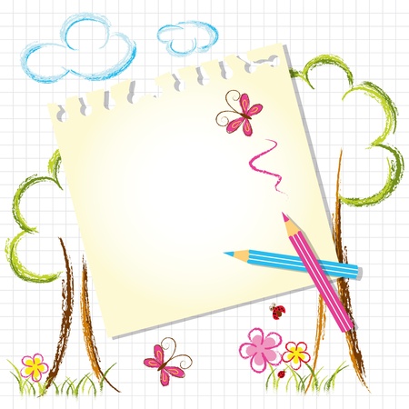 Colorful Color Pencil Drawing Background with Note Paperのイラスト素材