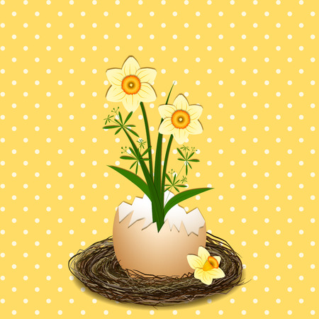 Easter Holiday Illustration Yellow Daffodil Flower on Polka Dot Backgroundのイラスト素材