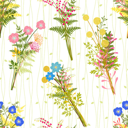 Springtime Colorful Flower with Wild Grass Pattern Backgroundのイラスト素材
