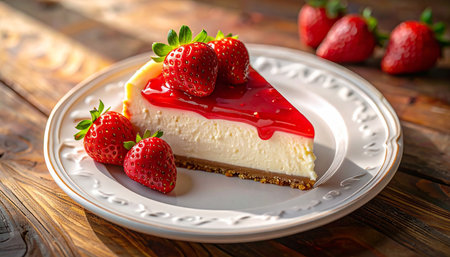 Close-up of a delicious slice of homemade strawberry cheesecake served on a white plate.の素材