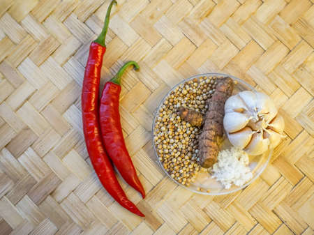 Close up various kind of seasoning for cooking. Garlic, coriander, chili, turmeric, and salt for food seasoning.の写真素材