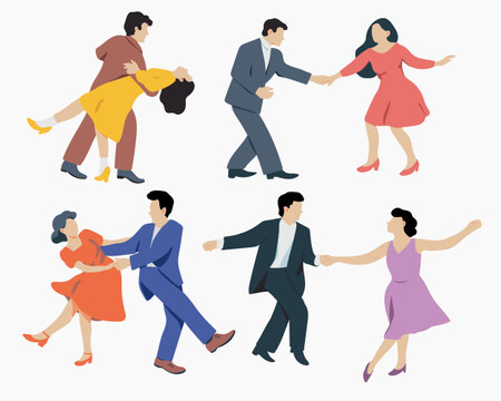 Set of men and women dancing. Hand drawn illustration in flat style. Isolated on white background.のイラスト素材