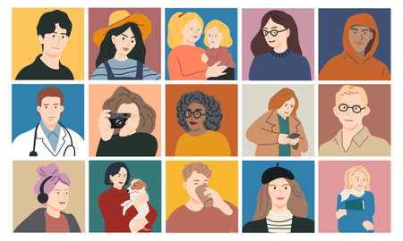 Collection of different person portraits. Set of different multicultural people avatars, user portraits. Vector illustration in flat cartoon style. All elements are isolated on white background.のイラスト素材