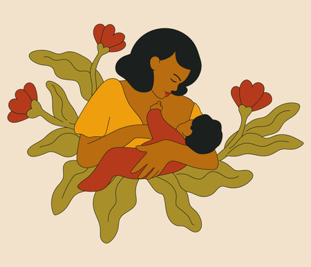 World Breastfeeding Week, 1-7 August. Flat vector illustration. Mother nursing a baby.のイラスト素材