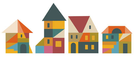 Various abstract houses in geometric style. Vector hand drawn illustration.のイラスト素材