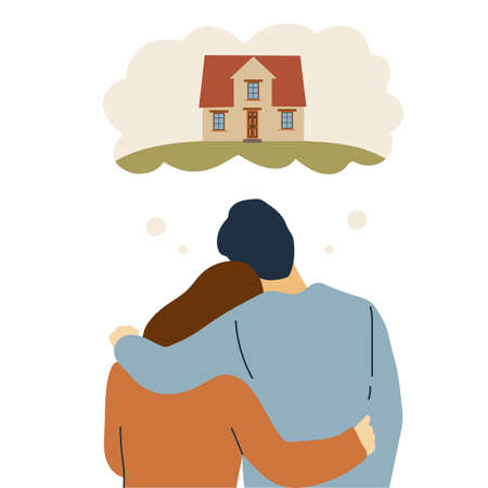 Happy couple or young family hugging and thinking about buying a dream house. Vector illustration in flat cartoon style.のイラスト素材