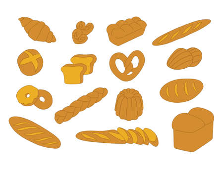 Various bakery and pastry products icons set in cartoon flat style. Hand drawn vector illustration. All elements are isolated on white background.のイラスト素材