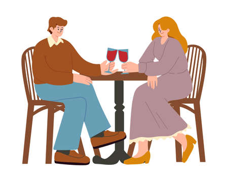 Happy loving couple on a date in a restaurant, having dinner and drinking red wine. Vector illustration in cartoon flat style.のイラスト素材