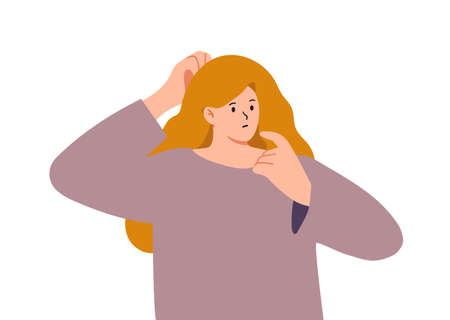 Woman thinking. Vector illustration in flat cartoon style. Isolated on white background.のイラスト素材