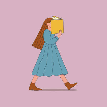 Lady walks and reads a book. Vector illustration in cartoon flat style.のイラスト素材