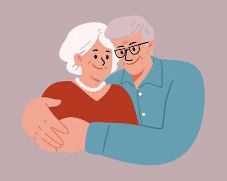 Grandfather hugs grandmother. Family portrait of a happy elderly couple with gray hair. Vector illustration in cartoon flat style.のイラスト素材