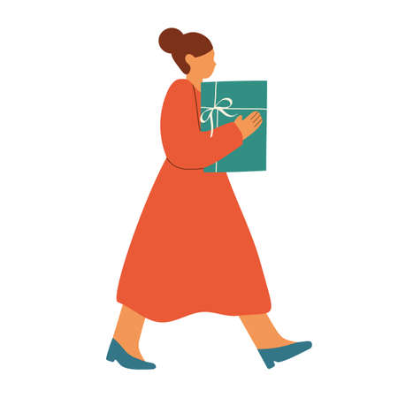 Person carries a gift. Vector hand drawn character in flat cartoon style.のイラスト素材