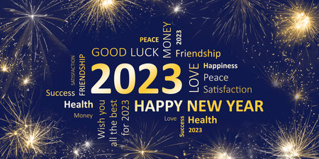blue golden new year card with happy new year 2023の写真素材