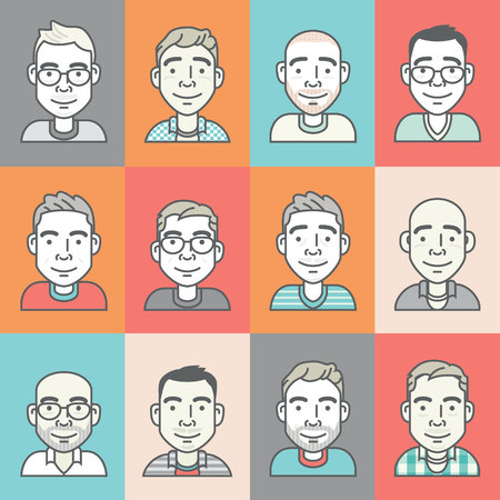 set of cartoon-style vector hipster characters on color backgroundのイラスト素材