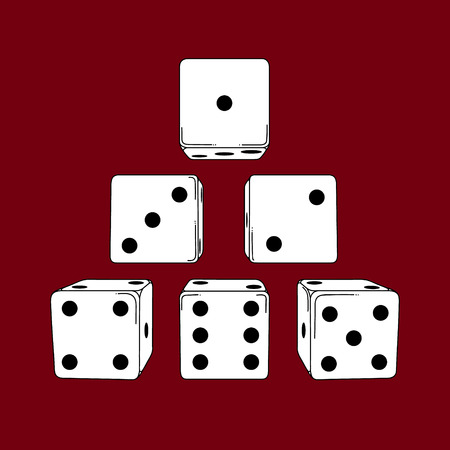 Six colored cartoon-style dice cubes on red background