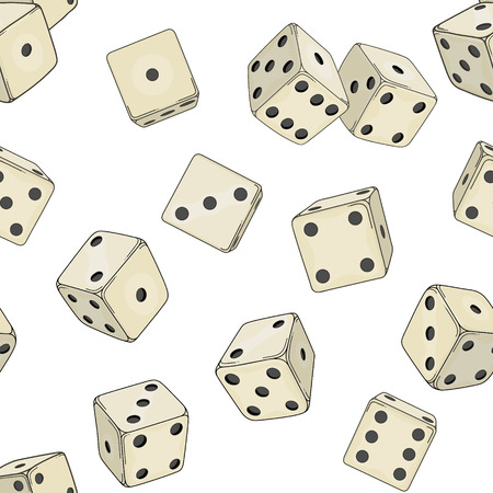 Seamless texture with cartoon-style dice cubes on white backgroundのイラスト素材