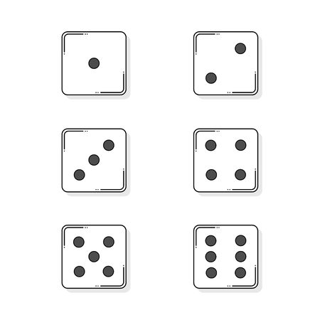 Six white cartoon-style dice cubes on white backgroundのイラスト素材