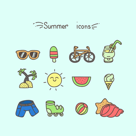 Set of cute hand drawn summer icons coloredのイラスト素材