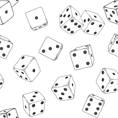 Seamless texture with cartoon-style dice cubes on white backgroundのイラスト素材