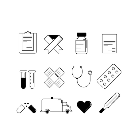 Set of 12 cartoon-style medical icons colored on blue background. EPS10のイラスト素材