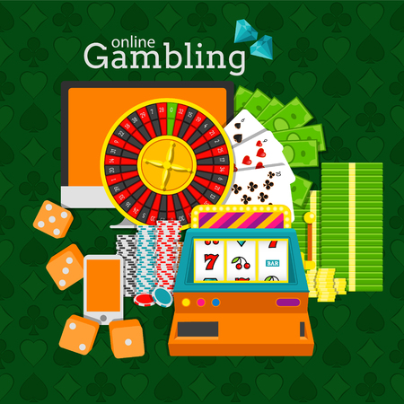 Online gambling vector illustration. Slot machine, roulette, desktop, phone, stacks of money, poker chips and dice cubesのイラスト素材